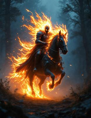 Primary subject: A man riding a horse with a flaming mane.

Setting/background: A dark forest with trees in the background.

Visual style: Digital art.

Colors and mood: The man's outfit is black, and the horse's mane is flaming orange. The overall atmosphere is mysterious and dramatic.